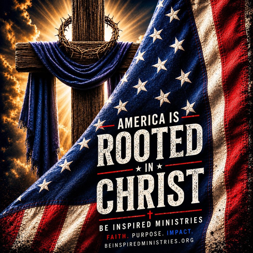 America is Rooted in Christ: a cross draped with the American flag and crown of thorns